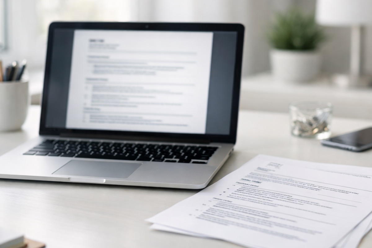 Laptop on a desk showing a job description beside a tailored resume export preview