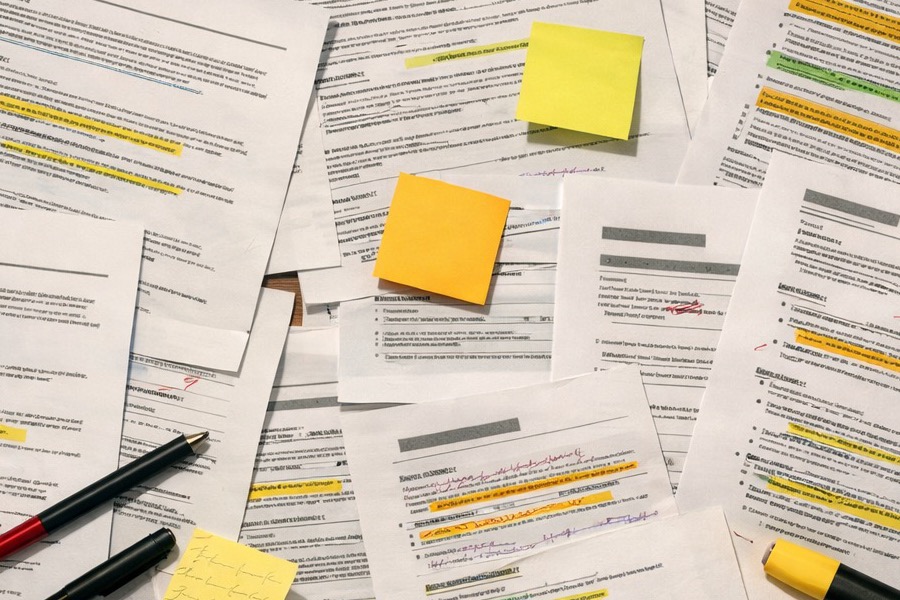 Desk covered with multiple resumes and job postings from high-volume applying