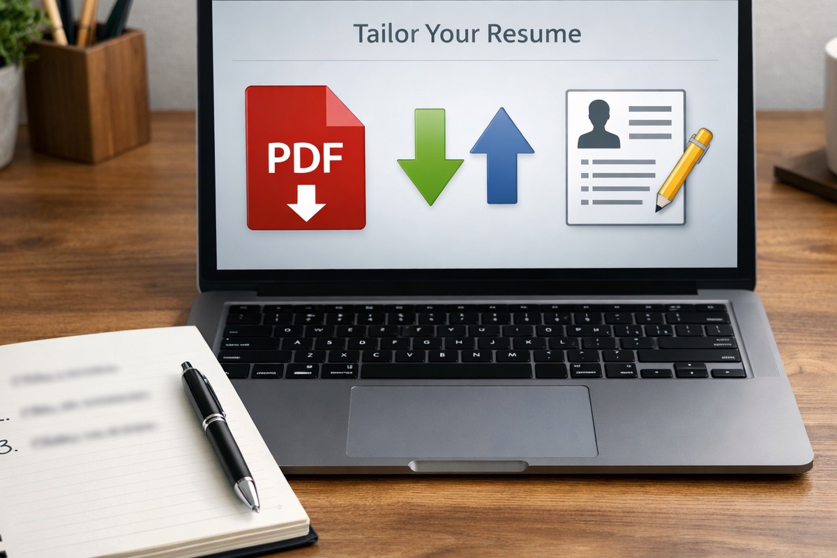 Organized desk with laptop and checklist for a three-step resume workflow