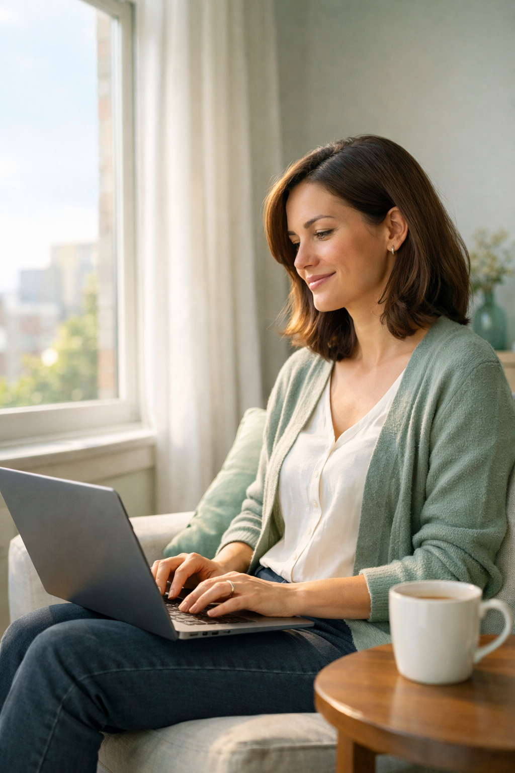 Job seeker with laptop by a window, calm morning optimism