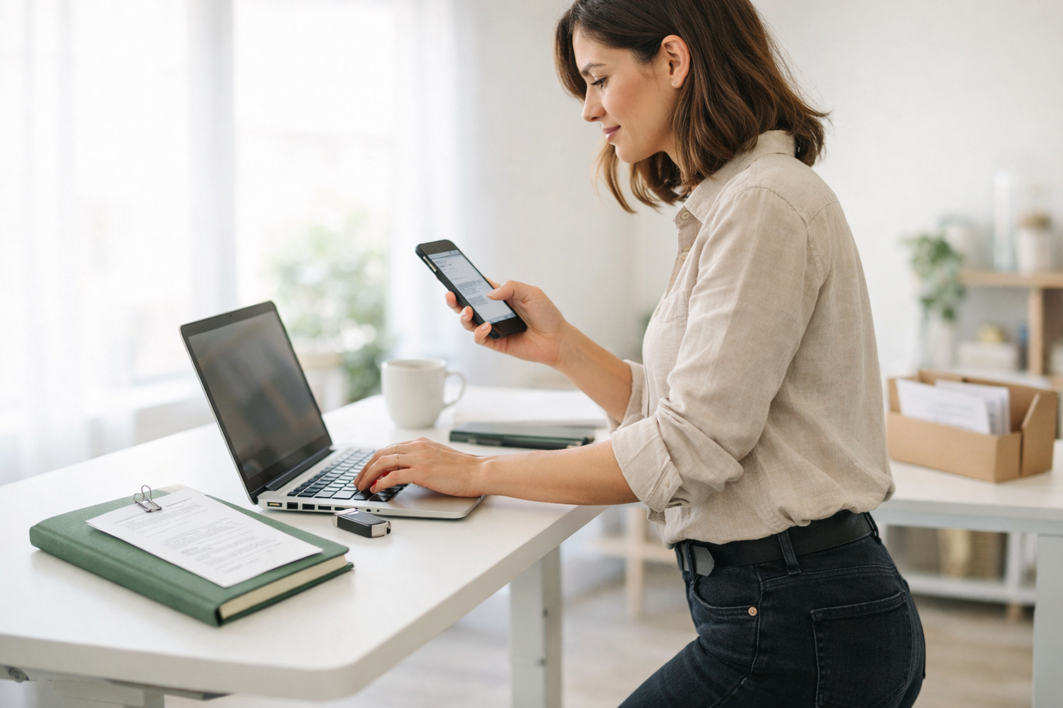 Side view multitasking phone and laptop during application workflow