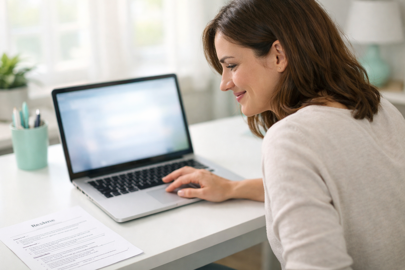 Over-shoulder view of reviewing a tailored resume on laptop